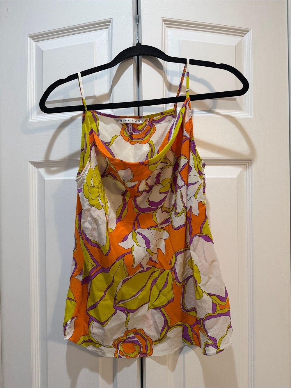 Trina Turk 70s Boho Orange Floral 100% Silk Cowl-Neck Tank Top Size Small